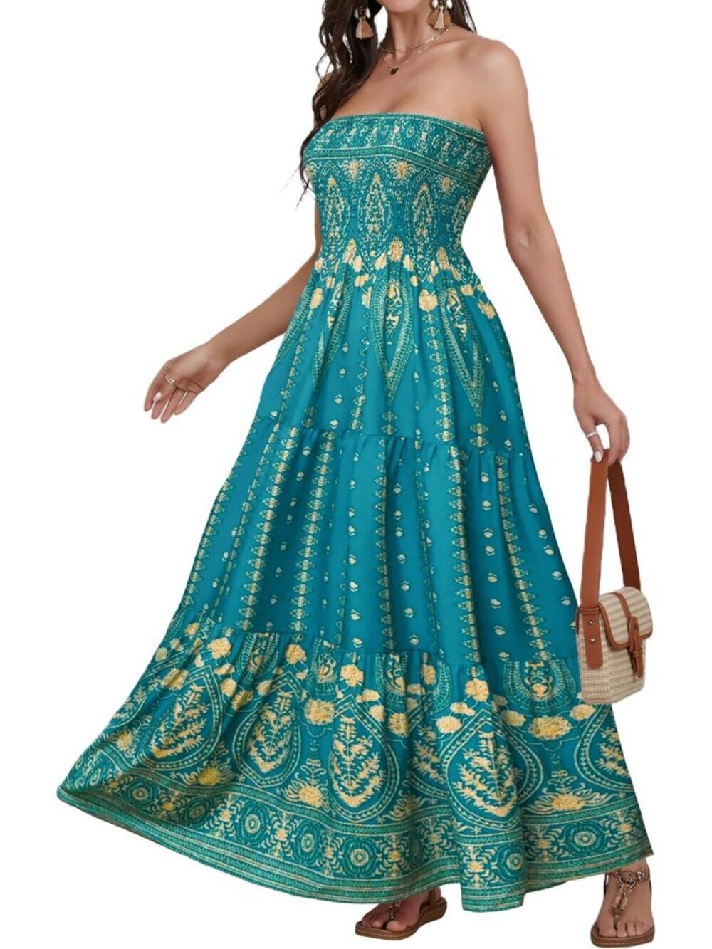 Women's Green Gold Strapless A Line Tube Top Backless Casual Sun Maxi Dress